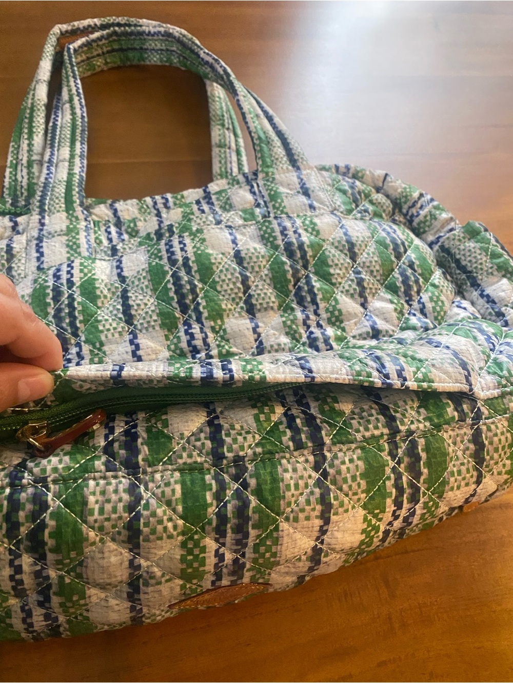 MZ Wallace Spring Plaid Gren Blue Quilted Nik Duffel Travel Bag - Picture 5 of 14